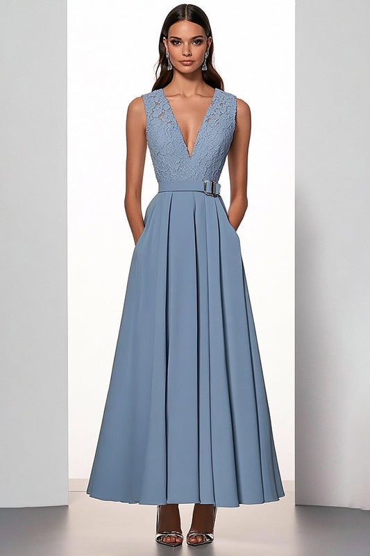 Grey Blue A Line Deep V-Neck Long Belted Work Dress with Pockets