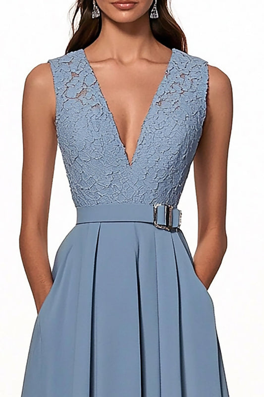 Grey Blue A Line Deep V-Neck Long Belted Work Dress with Pockets