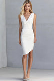 Ivory Satin Ruched Asymmetrical Short V-Neck Work Dress