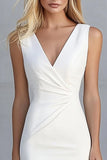 Ivory Satin Ruched Asymmetrical Short V-Neck Work Dress