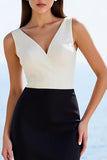Black and White V-Neck Mermaid Satin Long Work Dress