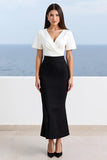Black White Sheath V-Neck Long Work Dress with Short Sleeves