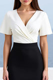 Black White Sheath V-Neck Long Work Dress with Short Sleeves