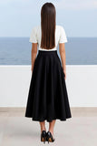 A Line Black White V-Neck Long Work Dress with Short Sleeves