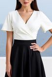 A Line Black White V-Neck Long Work Dress with Short Sleeves