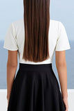 A Line Black White V-Neck Long Work Dress with Short Sleeves