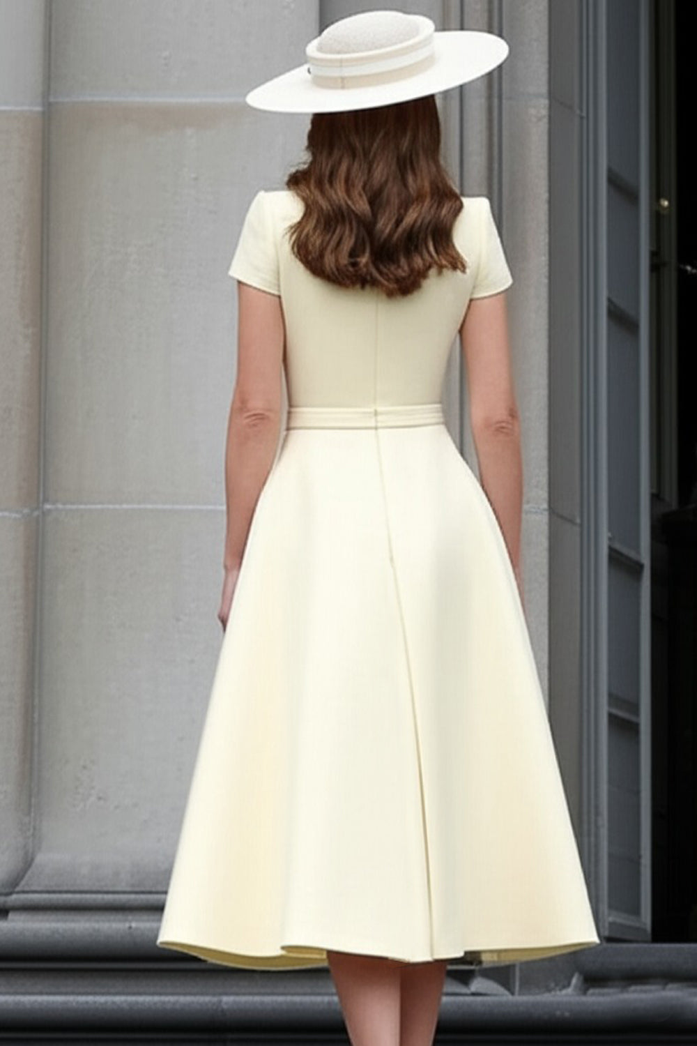 Daffodil Satin Bateau Neck A Line Midi Work Dress with Sleeves