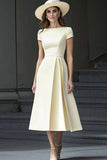 Dusty Blue Satin A Line Bateau Neck Midi Work Dress with Sleeves