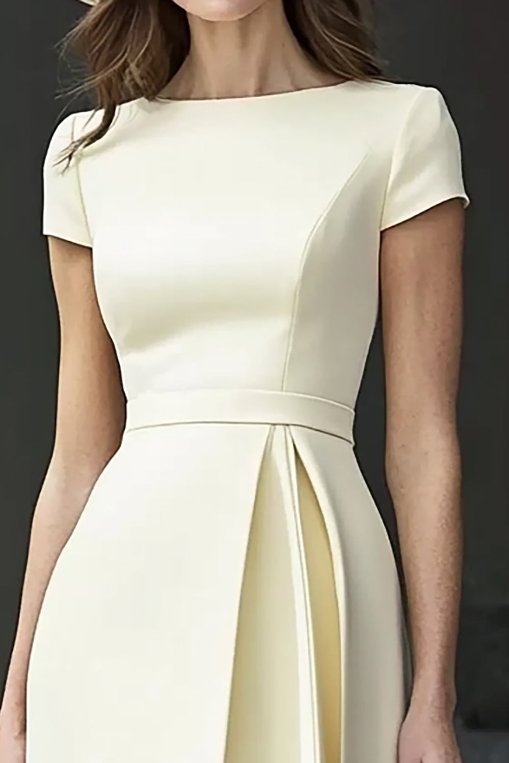 Daffodil Satin Bateau Neck A Line Midi Work Dress with Sleeves