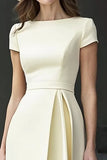 Daffodil Satin Bateau Neck A Line Midi Work Dress with Sleeves