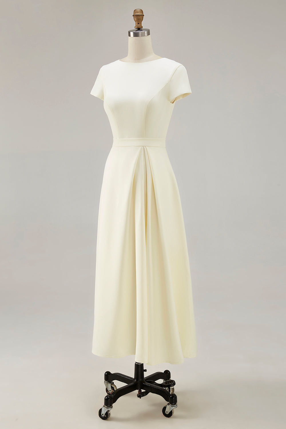 Daffodil Satin Bateau Neck A Line Midi Work Dress with Sleeves