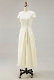 Daffodil Satin Bateau Neck A Line Midi Work Dress with Sleeves