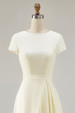 Daffodil Satin Bateau Neck A Line Midi Work Dress with Sleeves
