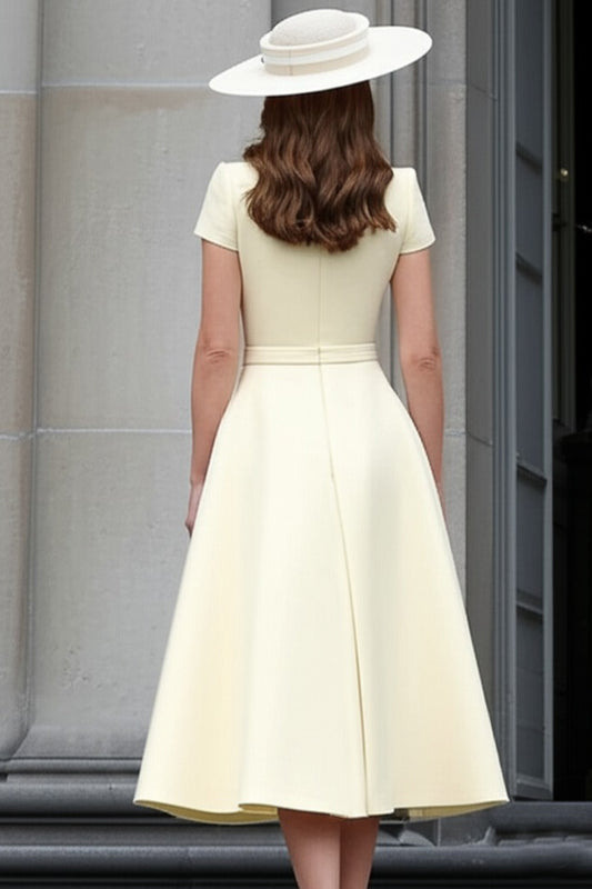 Daffodil A Line Satin Bateau Neck Midi Work Dress with Sleeves