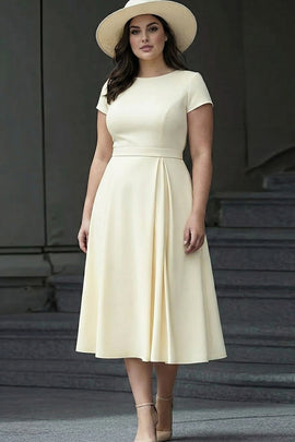 Plus Size Daffodil A Line Satin Bateau Neck Midi Work Dress with Sleeves