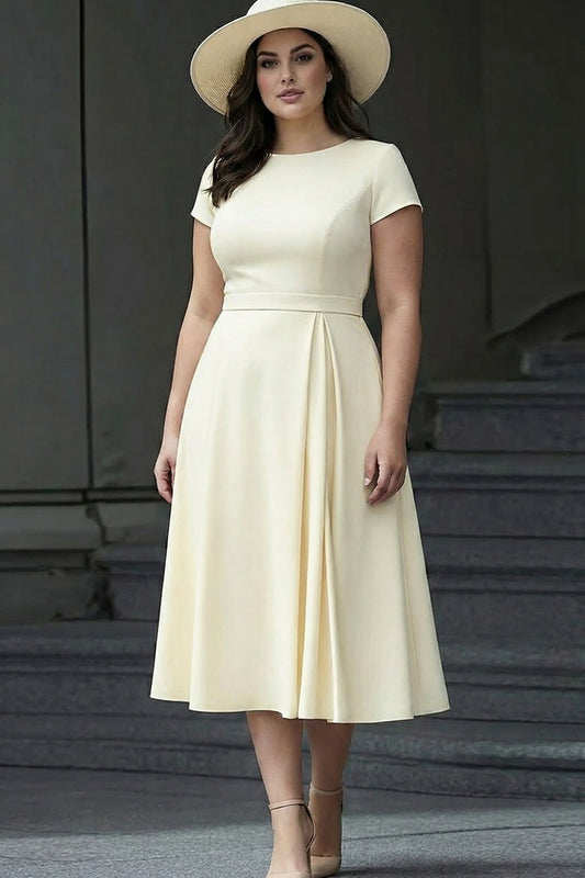 Plus Size Daffodil A Line Satin Bateau Neck Midi Work Dress with Sleeves