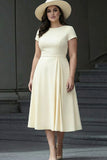 Daffodil A Line Satin Bateau Neck Midi Work Dress with Sleeves