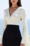 Black White V-Neck Long Sleeve Midi Work Dress with Long Sleeves