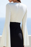 Black White V-Neck Long Sleeve Midi Work Dress with Long Sleeves