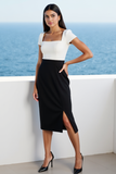 Black White Bodycon Square Neck Midi Work Dress with Slit