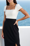 Black White Bodycon Square Neck Midi Work Dress with Slit