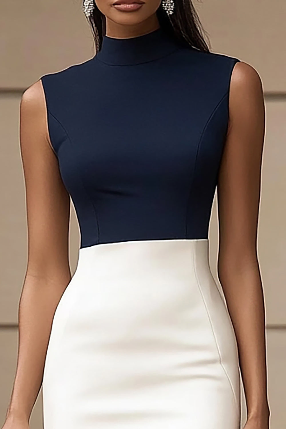 Navy and Ivory Bodycon High Neck Short Satin Work Dress
