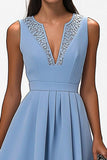 Grey Blue A Line Sleeveless V-Neck Midi Work Dress