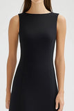 Black Bateau Neck A Line Asymmetrical Satin Midi Work Dress