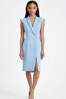 Sky Blue Bodycon Shawl Lapel Midi Work Dress with Slit