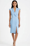 Sky Blue Bodycon Shawl Lapel Midi Work Dress with Slit