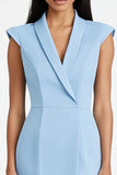 Sky Blue Bodycon Shawl Lapel Midi Work Dress with Slit