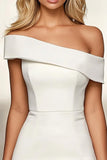 Simple Ivory Satin Asymmetrical Neck Short Bodycon Work Dress