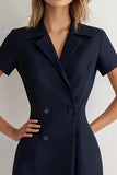 Navy Peak Lapel Double Breasted Short Work Blazer Dress with Sleeves