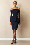 Off the Shoulder Navy Bodycon Short Work Dress with Long Sleeves