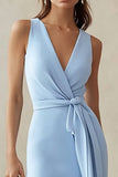 Sky Blue Tie Front V-Neck Long Sheath Work Dress
