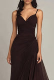 Dark Brown Spaghetti Straps Chiffon Long Formal Dress with Ruffles