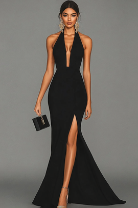 Black Mermaid Halter Neck Long Satin Formal Dress with Slit