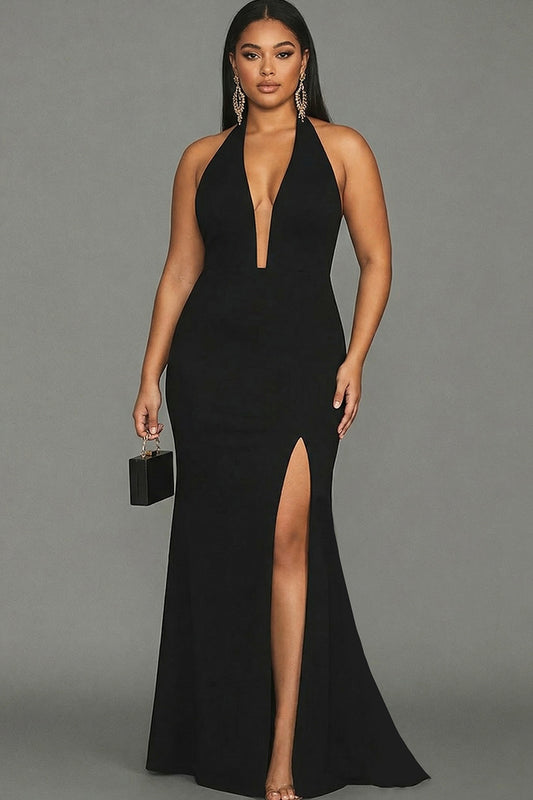 Plus Size Black Mermaid Halter Neck Long Satin Formal Dress with Slit