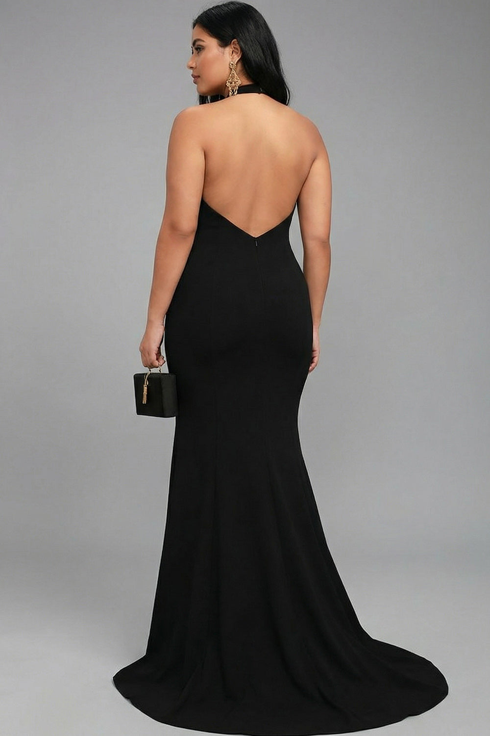 Plus Size Black Mermaid Halter Neck Long Satin Formal Dress with Slit
