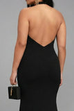 Plus Size Black Mermaid Halter Neck Long Satin Formal Dress with Slit
