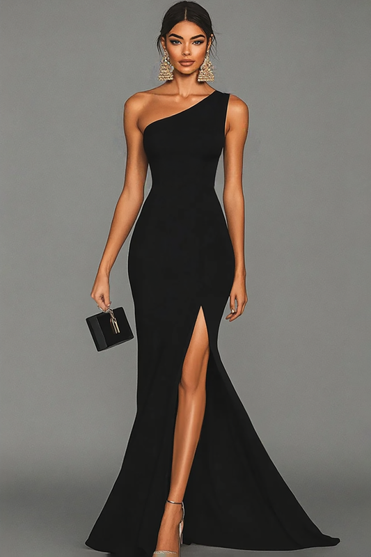 Black Mermaid One Shoulder Long Satin Formal Dress with Slit