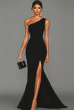 Black Mermaid One Shoulder Long Satin Formal Dress with Slit
