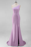 Black Mermaid Satin One Shoulder Long Formal Dress with Slit