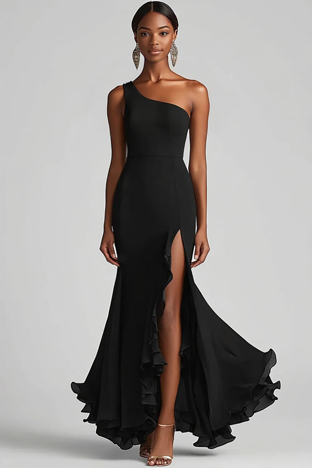 ZAPAKA Women Chiffon Formal Dress with Slit One Shoulder Mermaid Black Tie Dress, Black / US4