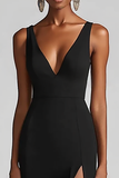 Black Mermaid Chiffon V Neck Long Formal Dress with Slit