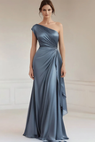 Grey Blue One Shoulder Sheath Long Ruched Formal Dress