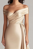 Champagne Satin Off the Shoulder Mermaid Long Formal Dress