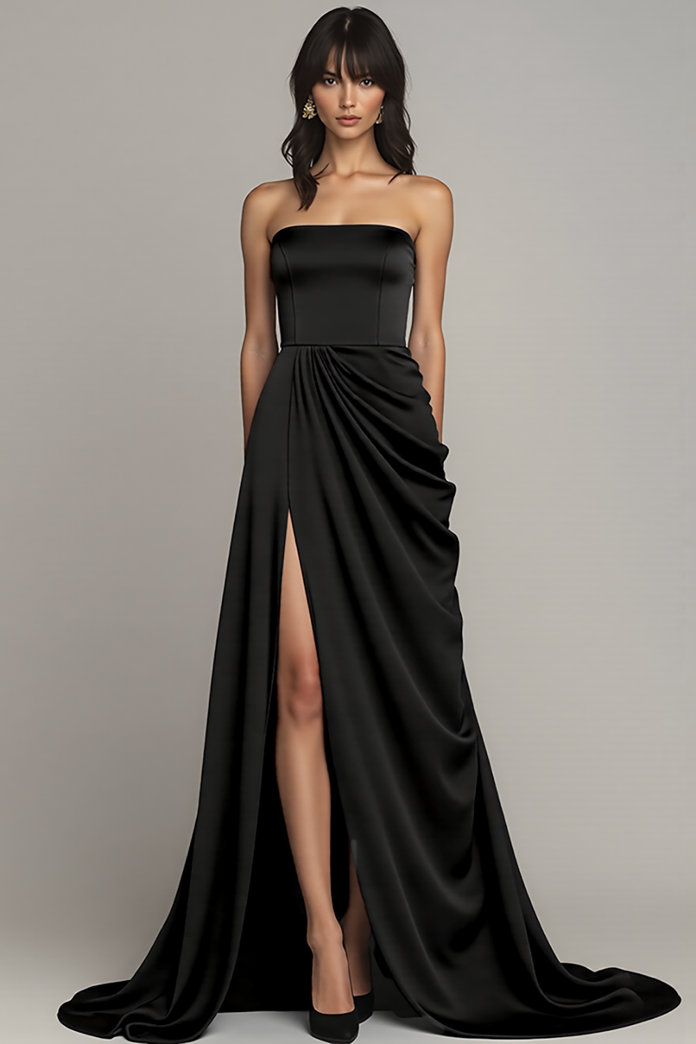 Peacock Strapless A Line Long Satin Formal Dress with Slit