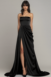 Peacock Strapless A Line Long Satin Formal Dress with Slit