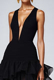Black Deep V-Neck Tiered Long A Line Formal Dress with Slit